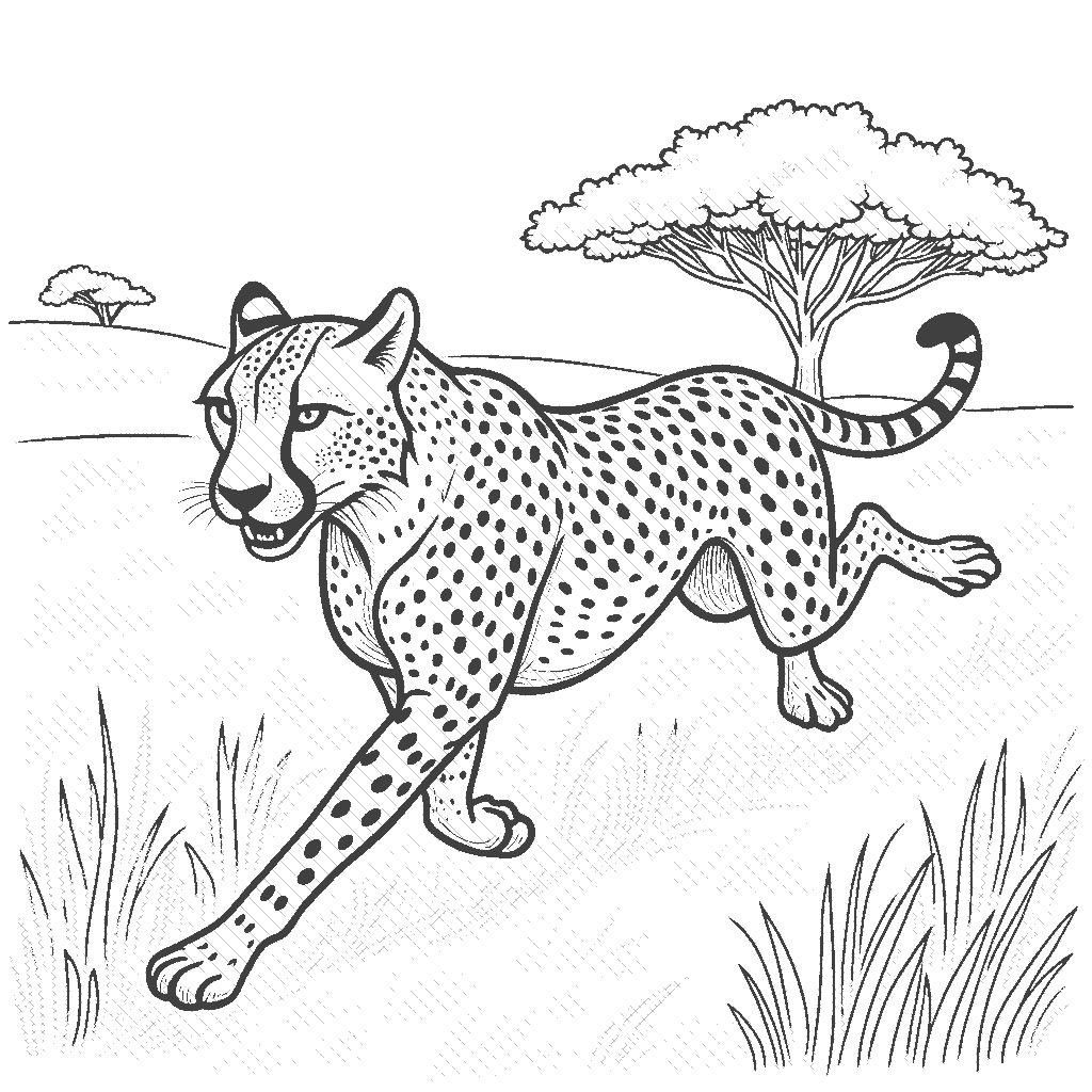 Coloring Page: Run Wild - A fast-running cheetah sprinting across the savannah, with a few blades of grass and a distant acacia tree in the background.