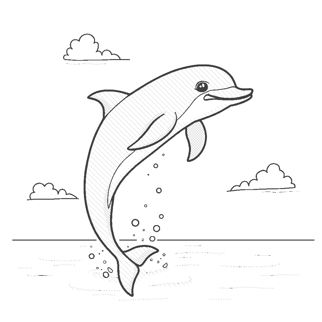 Coloring Page: Dolphin Acrobatics - A dolphin performing acrobatics in mid-air, with confetti raining down and a cheering crowd of various sea creatures.