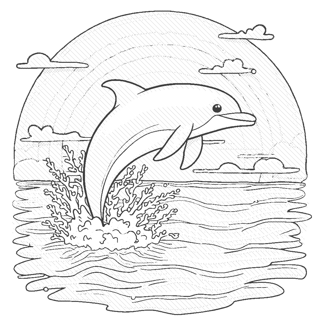 Coloring Page: Dolphin Greeting the Sunrise - A dolphin jumping out of the water as the sun rises on the horizon, painting the sky with warm oranges and pinks, and the ocean shining like gold.