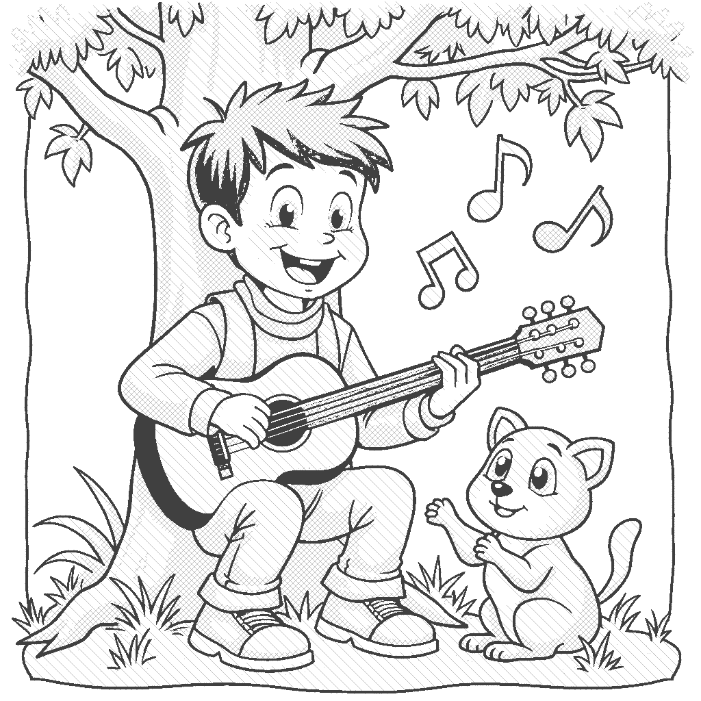 Coloring Page: Guitar Serenade - A cheerful musician strumming a colorful guitar under a tree, with musical notes floating around them.