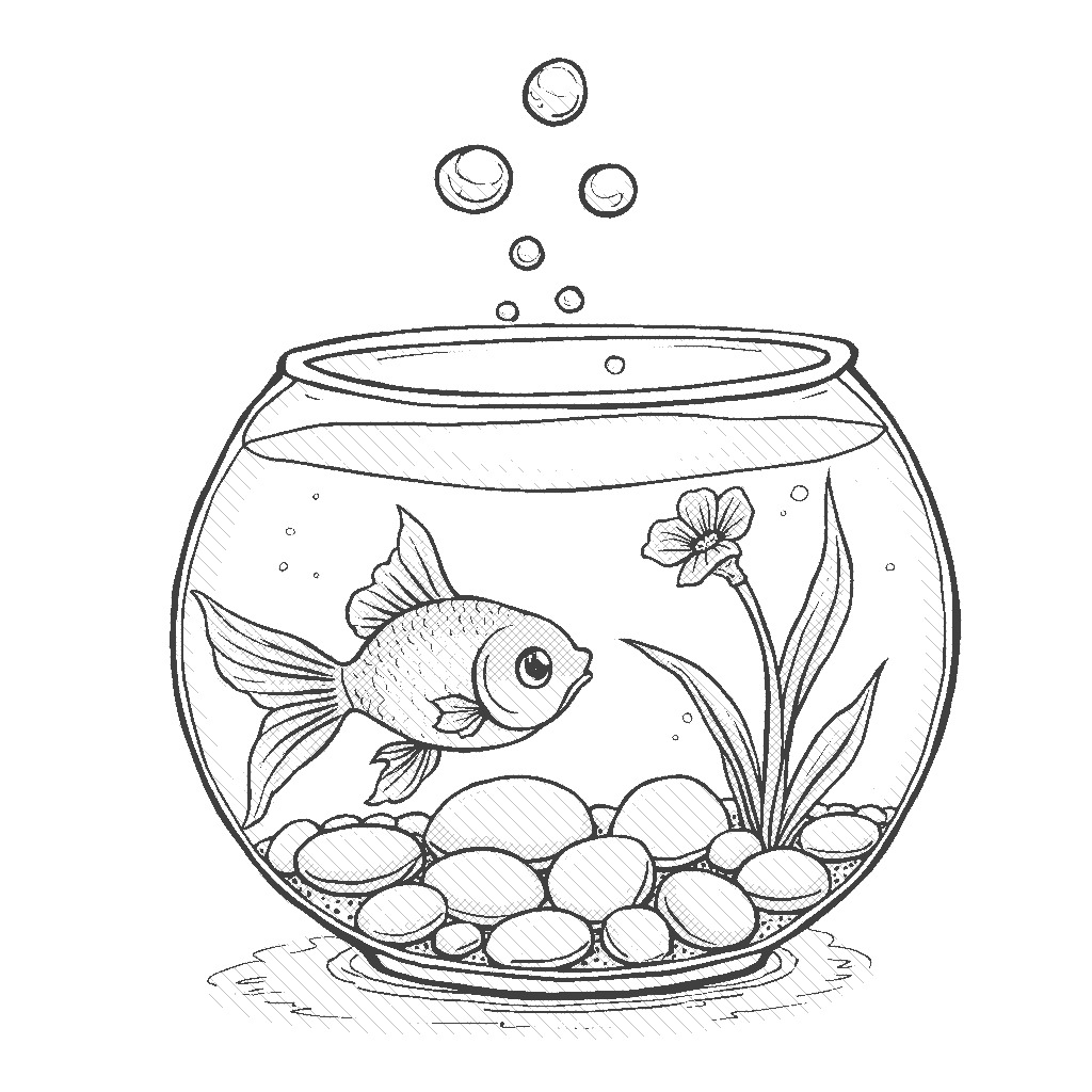 Coloring Page: Goldfish in a Bowl - A goldfish swimming in a round bowl decorated with pebbles and a tiny plant, with bubbles rising to the top.