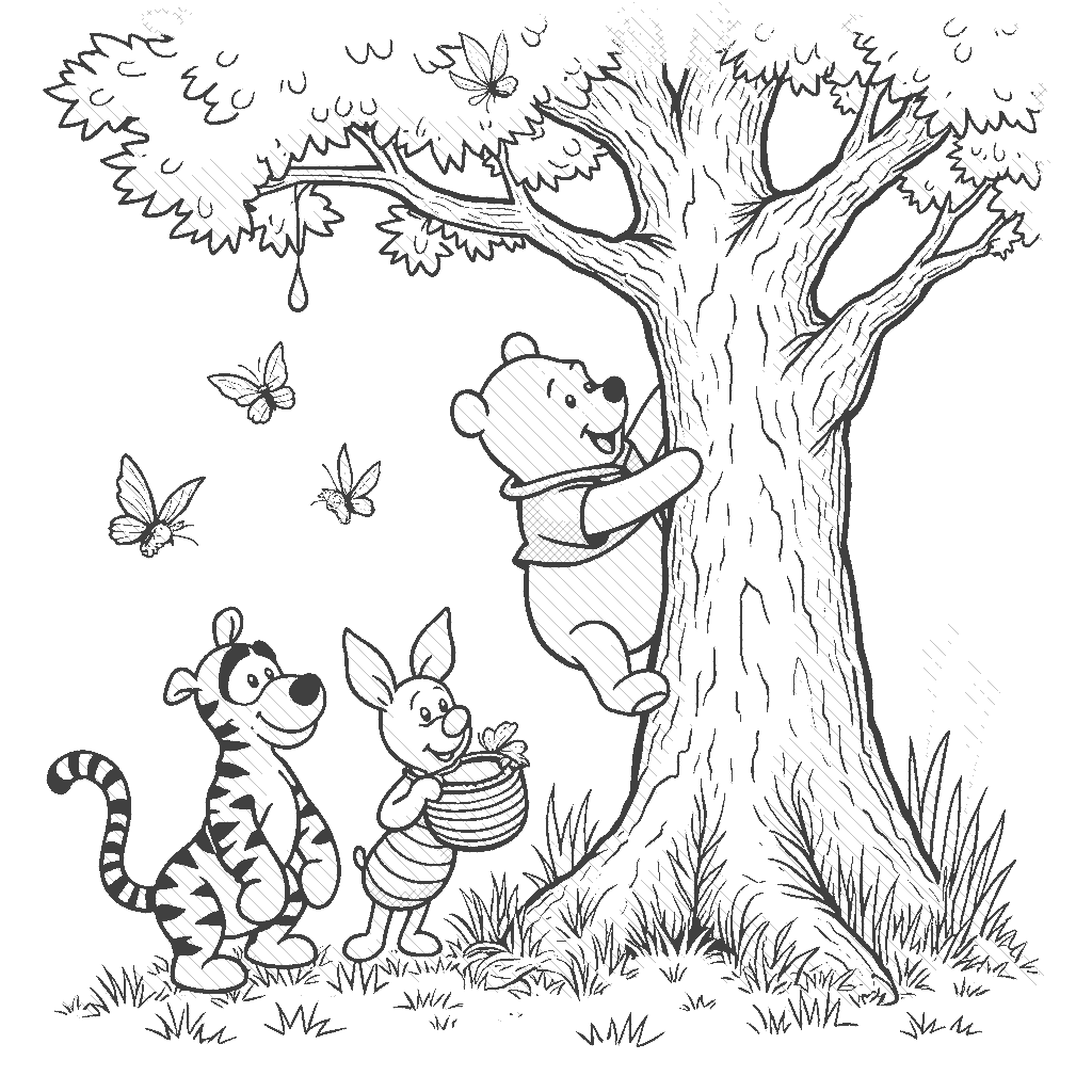 Coloring Page: Winnie the Pooh's Honey Hunt - Winnie the Pooh is on an adventure in Hundred Acre Wood, searching for honey. He is climbing a tree with a big smile, while his friends Tigger and Piglet are below, holding a basket to catch any honey pots that might fall. The tree is filled with butterflies and busy bees buzzing around.