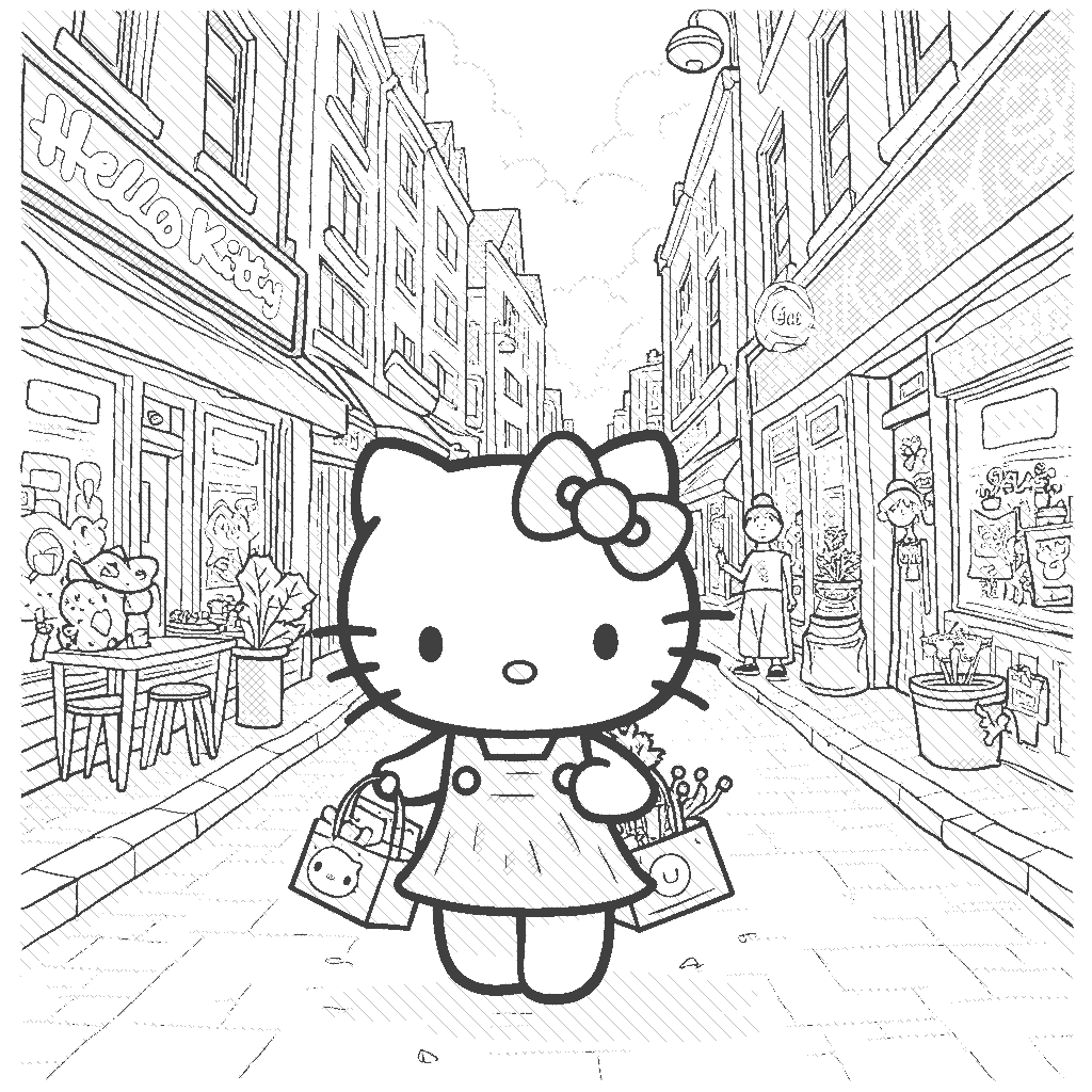 Coloring Page: Hello Kitty's Shopping Adventure - A delightful scene of Hello Kitty exploring a vibrant city shopping street. She is holding shopping bags filled with cute items, and various shops with colorful signs surround her. There's a café where friends can be seen enjoying drinks, and a street performer entertaining passersby.