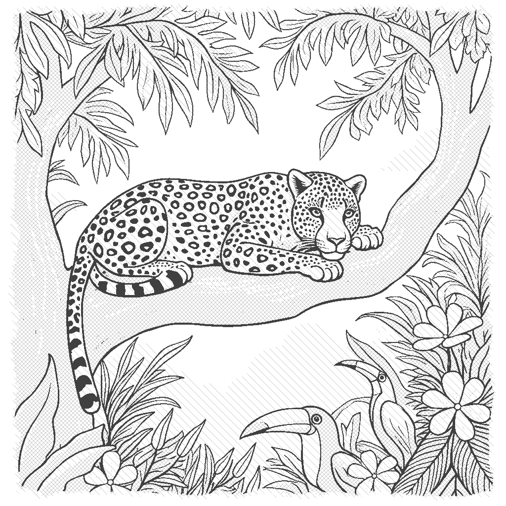 Coloring Page: Leopard in the Jungle - A leopard resting on a tree branch in a lush jungle filled with various plants and exotic birds.