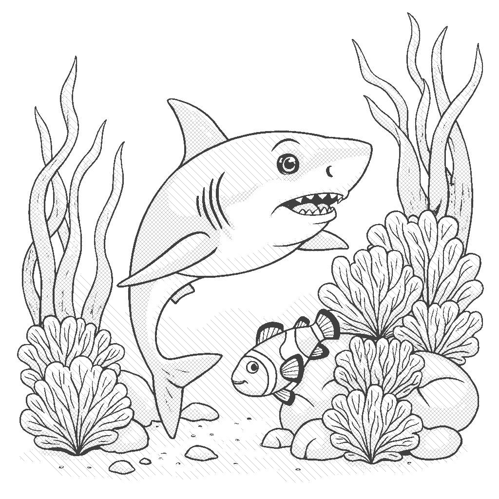 Coloring Page: Shark Encounter - A curious shark swims closely to a colorful coral reef while a little clownfish peeks out from behind a rock, wondering what the shark is up to.