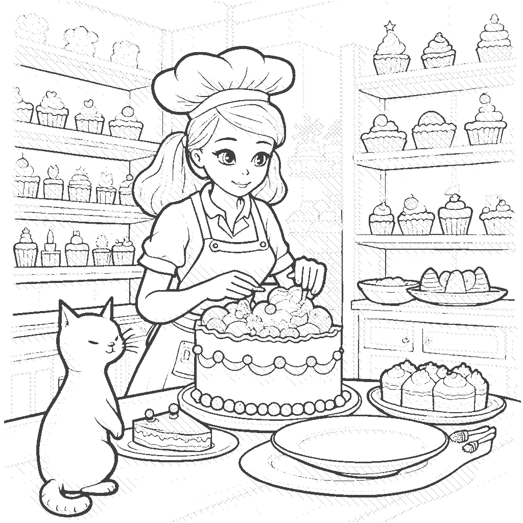 Coloring Page: Baker's Sweet Treats - A baker decorating a large cake in a bright bakery, with colorful cookies and cupcakes on the counter and a friendly cat watching curiously.