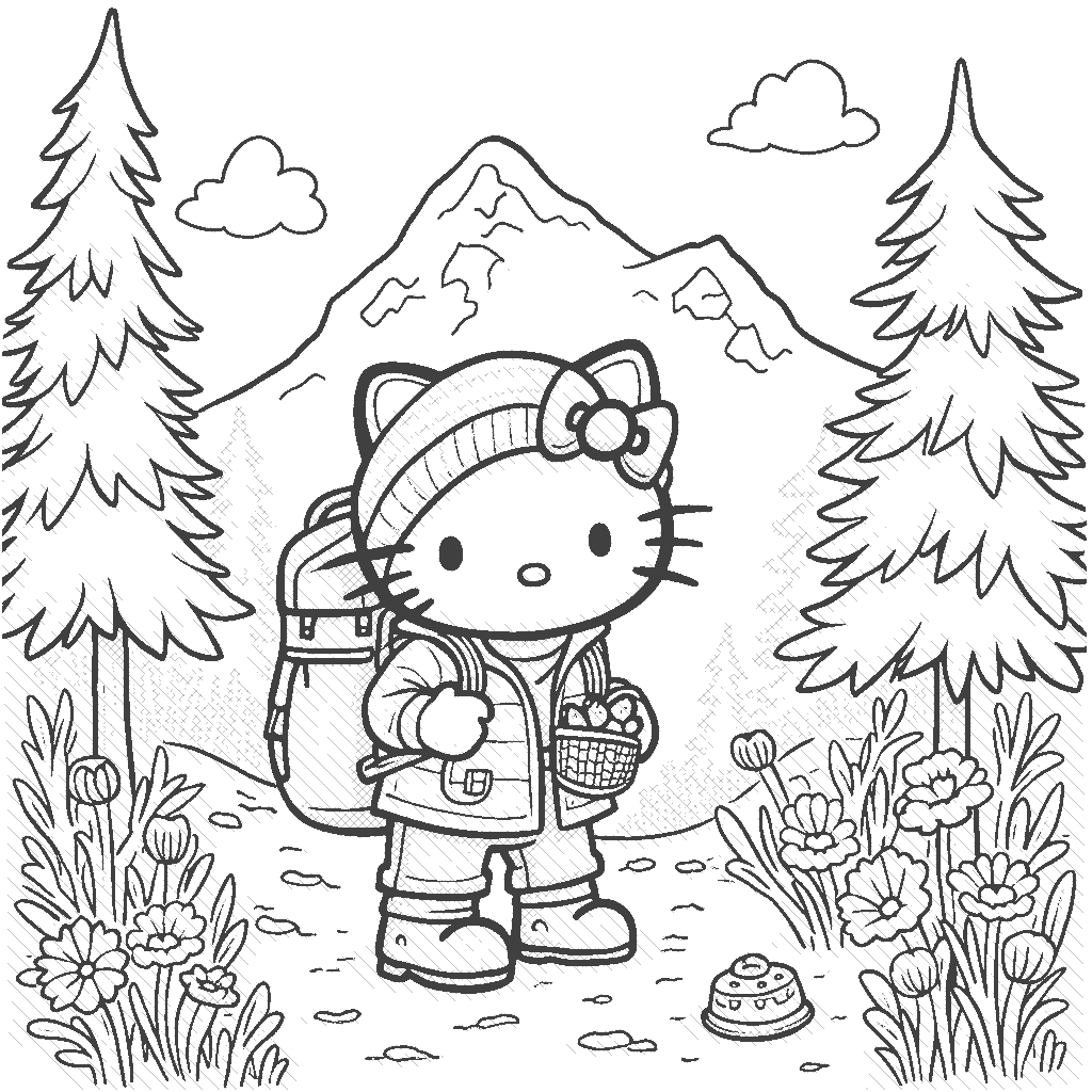 Coloring Page: Hello Kitty in the Mountains - Hello Kitty is on a hiking adventure in the mountains. She is surrounded by tall pine trees and colorful wildflowers. In the background, there are snow-capped peaks and a clear blue sky. Hello Kitty is wearing a cozy jacket and a backpack, carrying a picnic basket filled with treats.