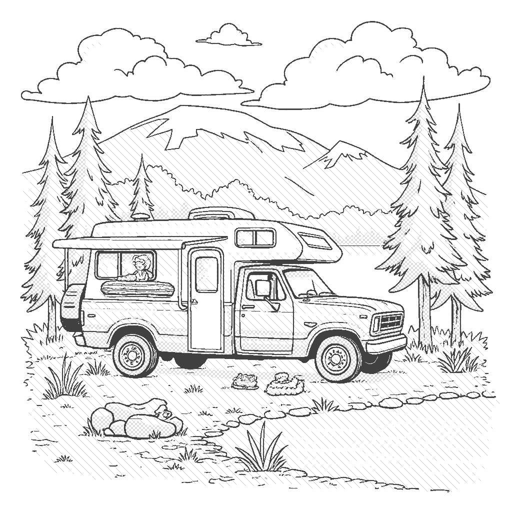 Coloring Page: Camping Trip - A family truck parked by a serene lake, with tents set up and a colorful sunset reflecting on the water.