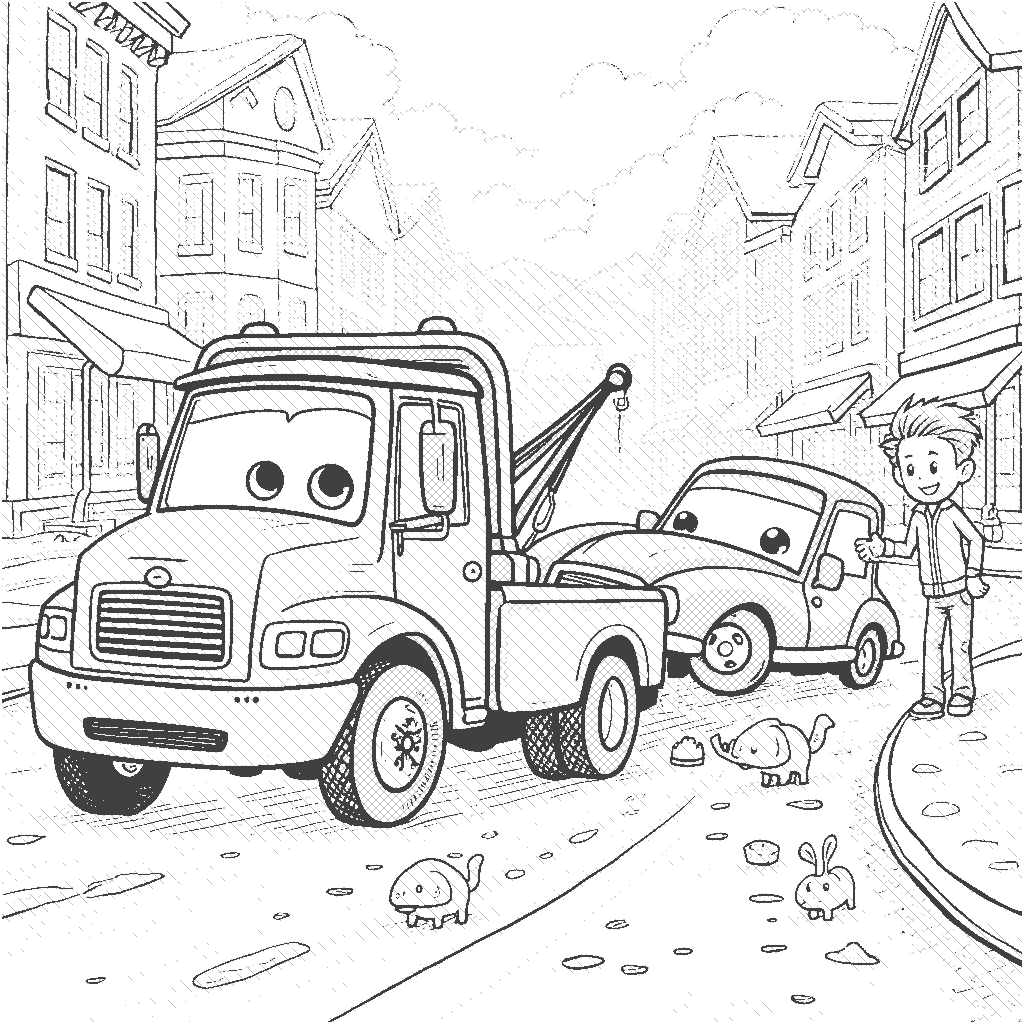 Coloring Page: Tow Truck Rescue - A friendly tow truck is helping a little car that has broken down. The scene is set in a colorful town with smiling pedestrians and playful pets nearby, all cheering for the tow truck as it comes to the rescue!