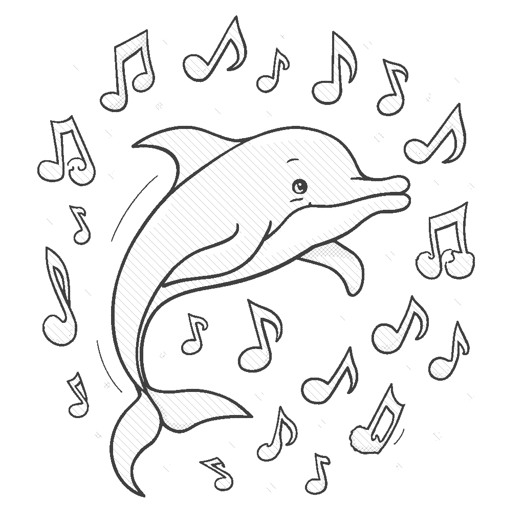 Coloring Page: Dolphin with Musical Notes - A dolphin surrounded by musical notes floating around, creating an atmosphere of joy and rhythm in a bright underwater setting.