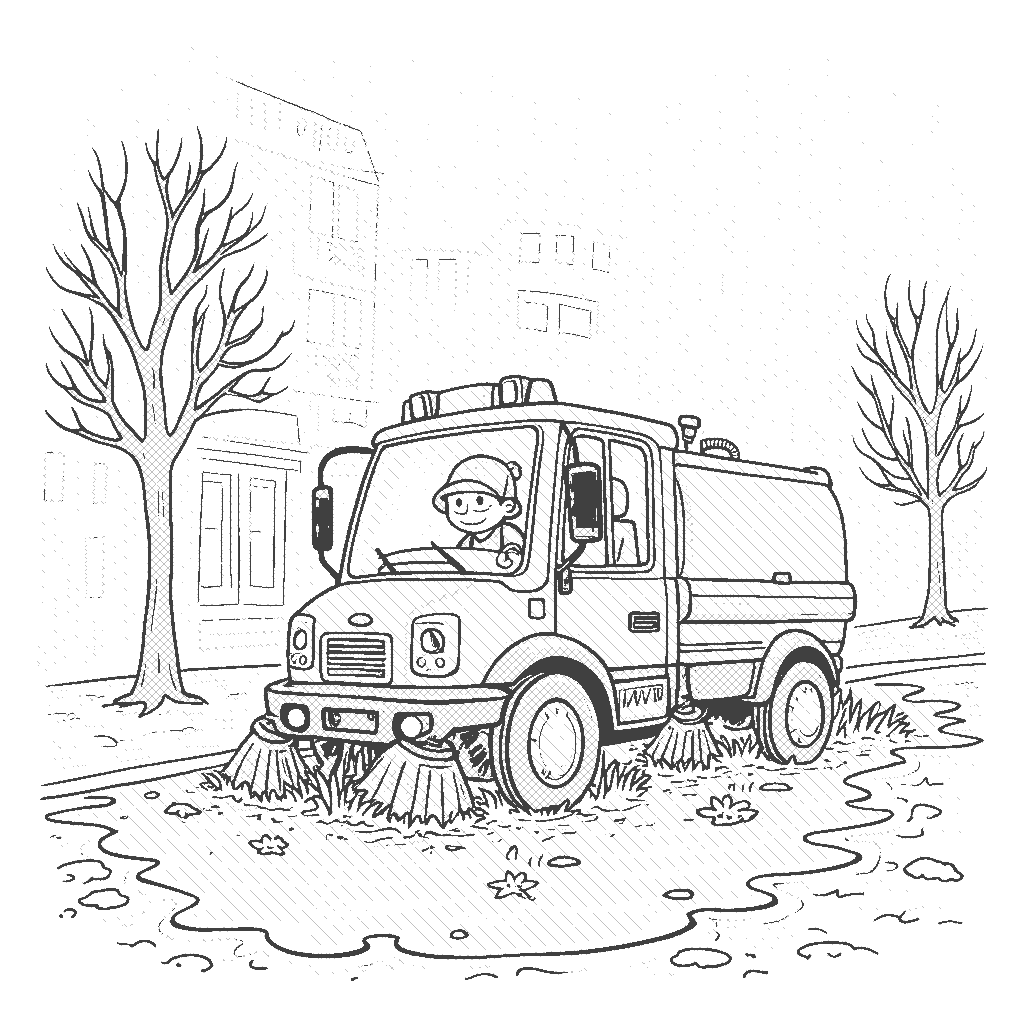 Coloring Page: Rainy Day Cleaning - A street sweeper car, splashing through puddles on a rainy day, with colorful umbrellas held by little creatures watching it go by.