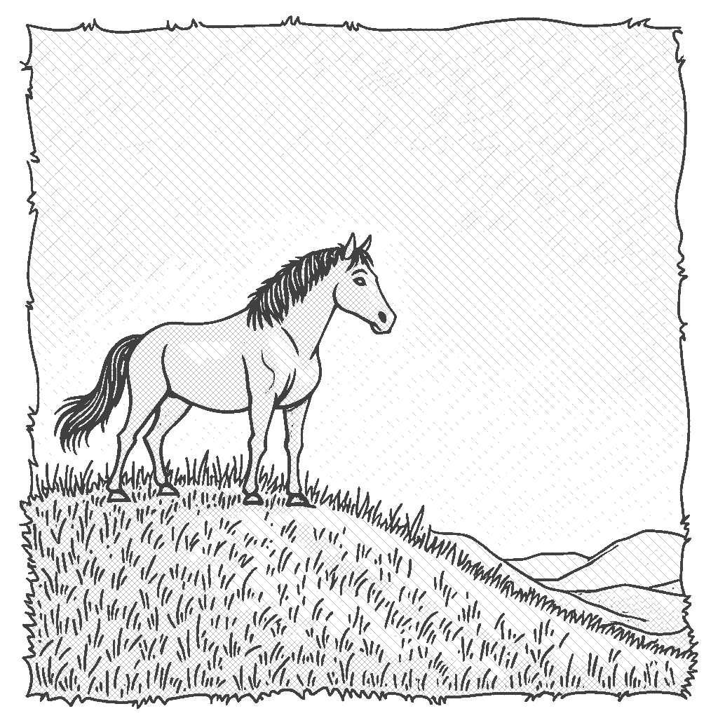 Coloring Page: Horse and the Northern Lights - A silhouette of a horse standing on a hilltop under a sky painted with vivid greens and purples of the Northern Lights, with stars twinkling in the twilight.