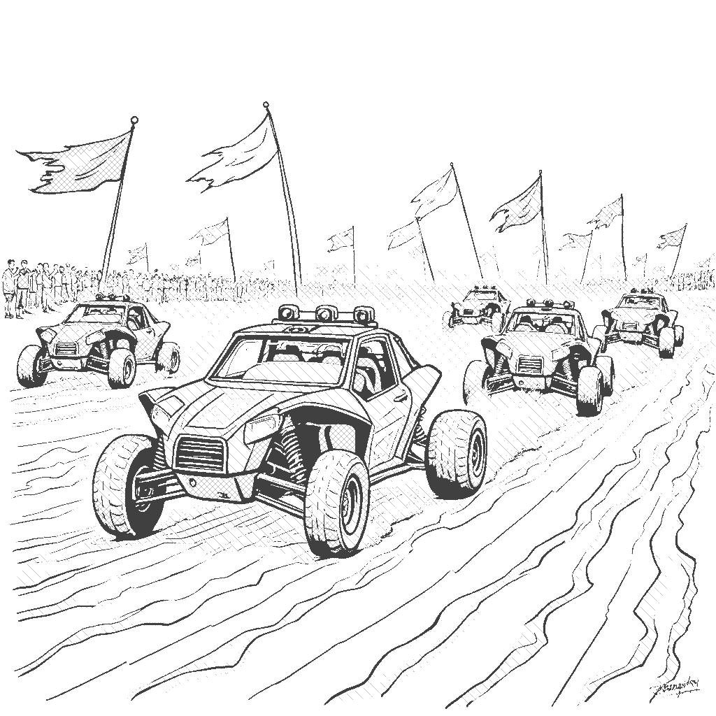 Coloring Page: Dune Buggy Race - An exciting race scene where multiple dune buggies are competing against each other across a vast expanse of sand dunes. Spectators are cheering in the background, and various flags are waving in the wind. The buggies are designed in unique colors and patterns, creating a lively atmosphere.