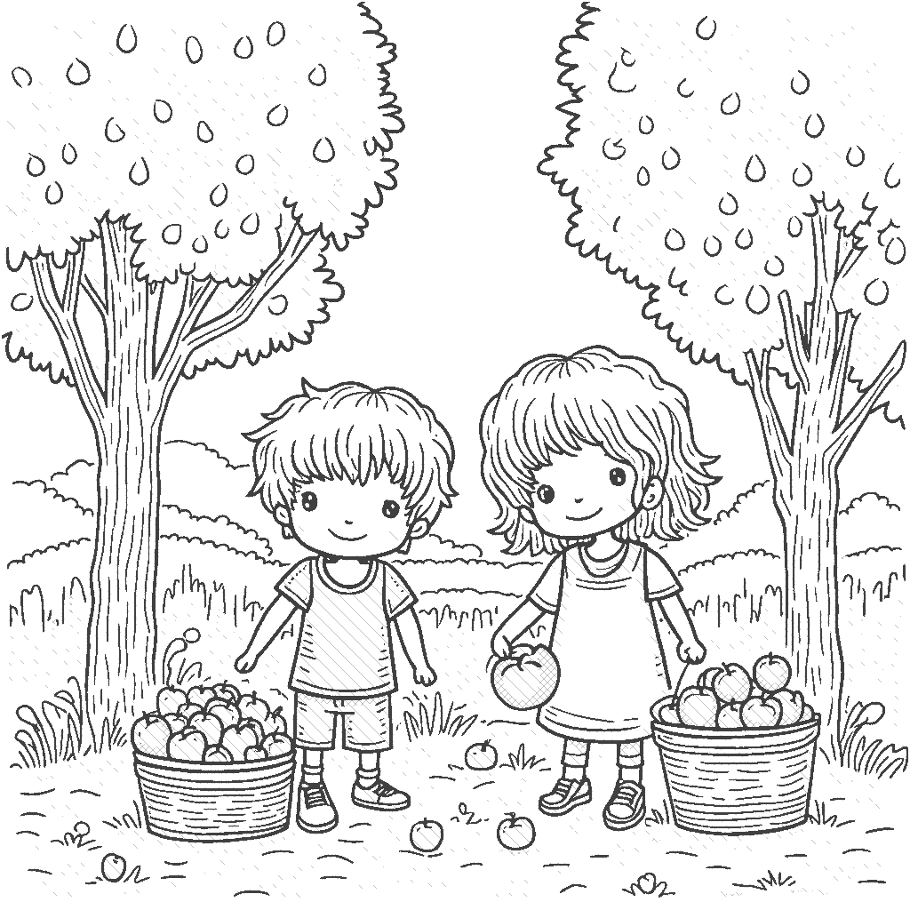 Coloring Page: The Great Apple Picking - Children joyfully picking apples from a quaint apple orchard, with the landscape dotted with trees dressed in golden and red hues.