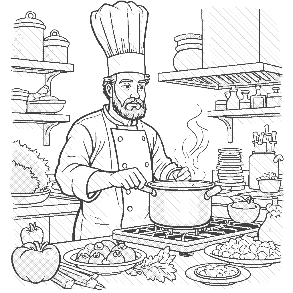 Coloring Page: Chef Cooking in a Kitchen - A chef wearing a tall hat stirring a big pot on the stove in a bustling kitchen filled with food ingredients and colorful utensils.