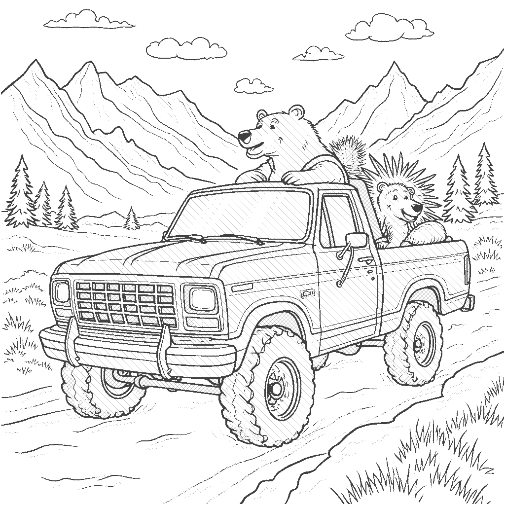 Coloring Page: Pickup Truck Road Trip - A vibrant pickup truck is on a fun road trip with its animal friends: a cheerful bear and a playful porcupine. They are driving through the mountains, stopping to admire breathtaking views along the way.