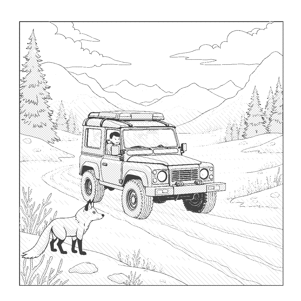 Coloring Page: Tundra Buggy Expedition - A tundra buggy exploring the vast snowy landscape, with a friendly arctic fox curiously watching from the edge of a snowbank.