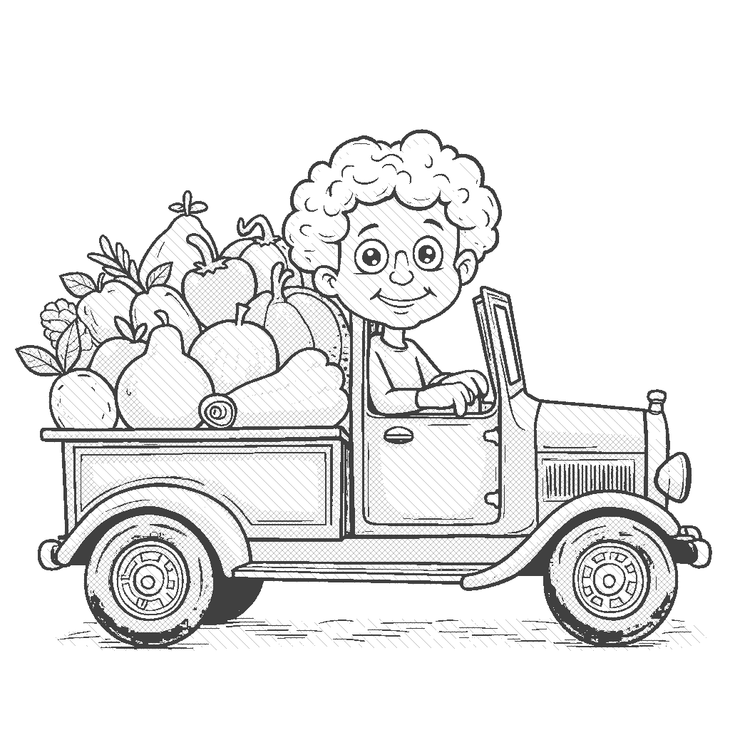 Coloring Page: Grandma's Delivery - An old-fashioned delivery truck filled with oversized flowers, making a delivery in a quaint village.