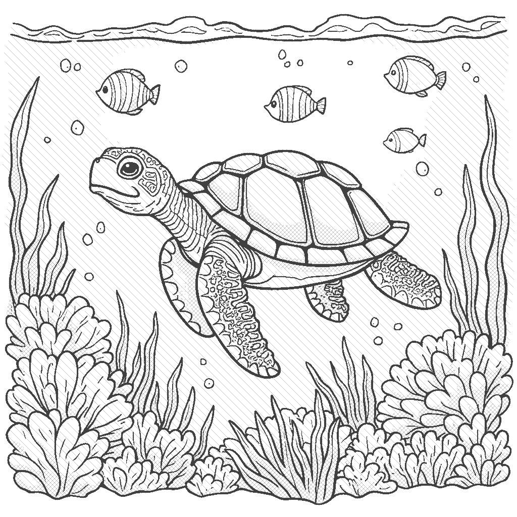 Coloring Page: Turtle Underwater - A turtle swimming peacefully underwater with colorful coral reefs and tropical fish all around.