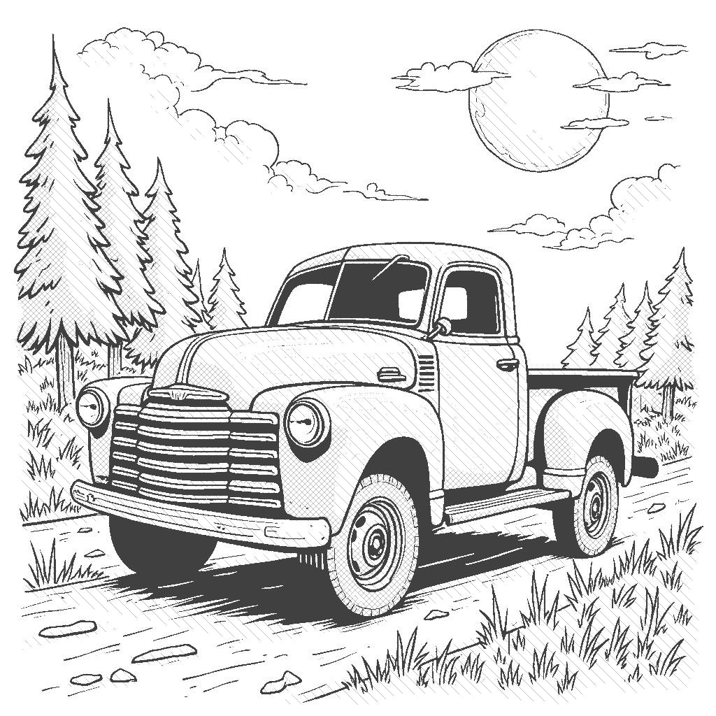 Coloring Page: Haunted Highway - A spooky old pickup truck driving down a moonlit road, surrounded by shadowy trees and glowing jack-o-lanterns.