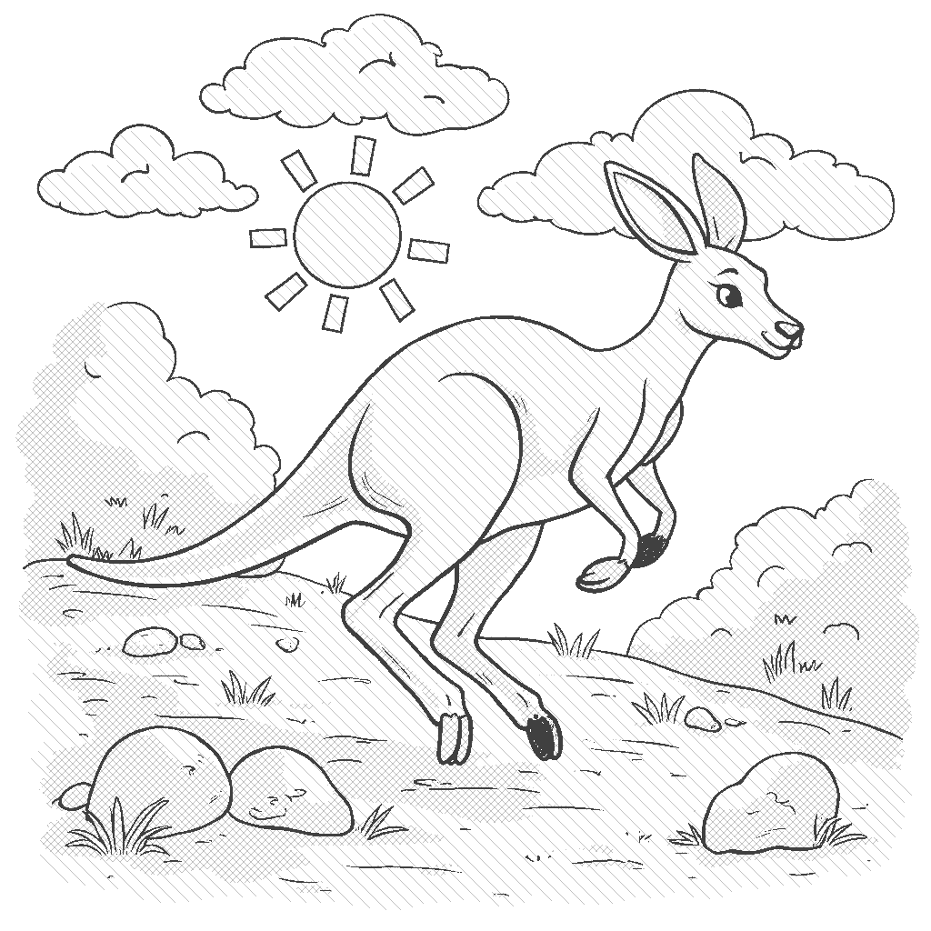 Coloring Page: Kangaroo in the Outback - A kangaroo leaps gracefully across the sun-drenched Australian Outback, with a backdrop of red sand and green shrubs. A few small rocks scatter around, making the scenery interesting and fun to color.