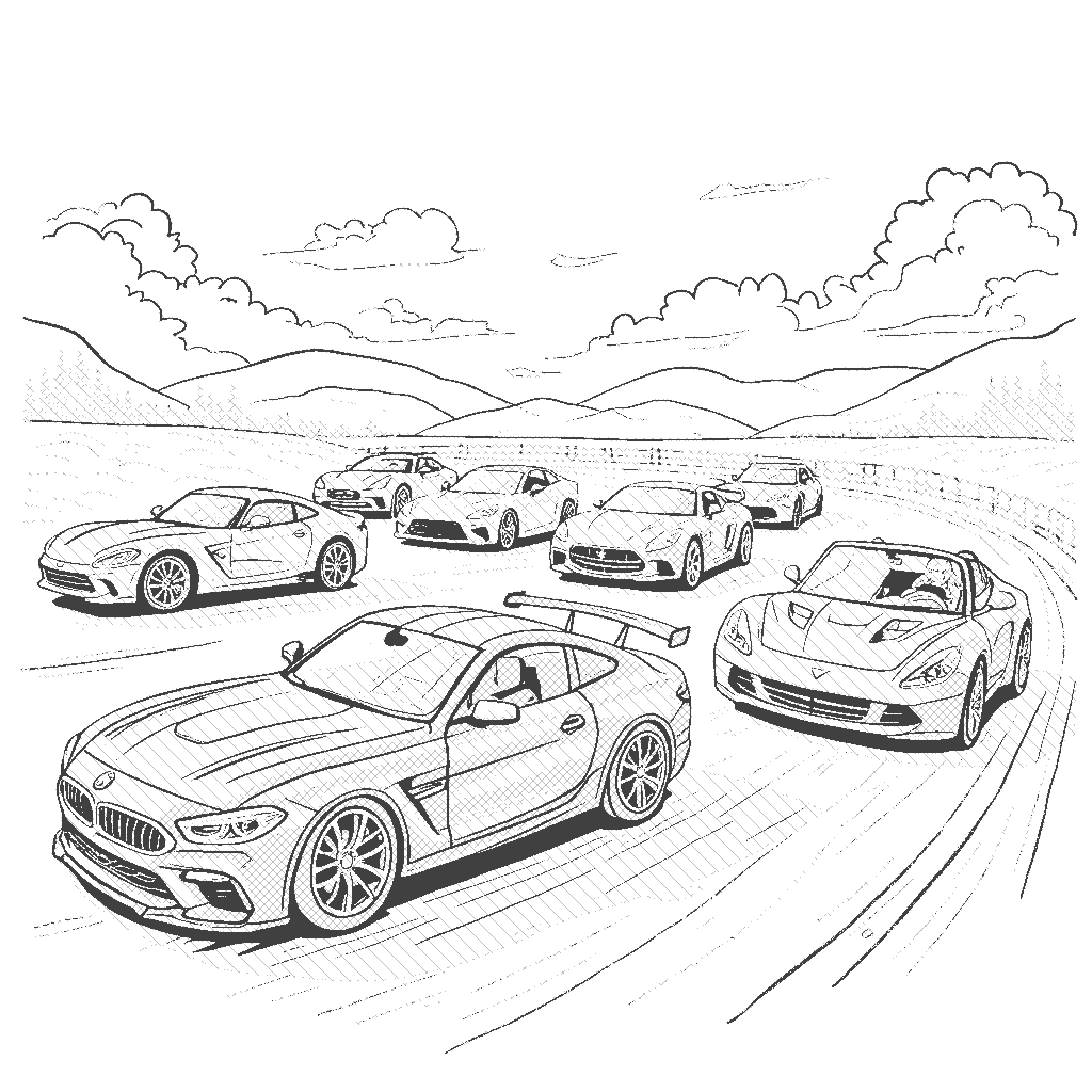 Coloring Page: Fantasy Racing Championship - A race scene featuring various fantasy cars with dragon wings and unicorn horns, zooming past a cheering crowd.