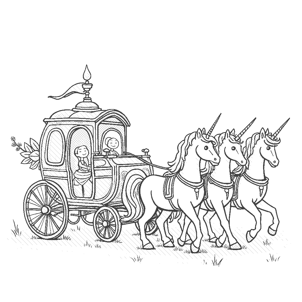 Coloring Page: Fairytale Carriage - A fairy-tale style carriage pulled by unicorns, traveling through a mystical forest filled with glowing mushrooms.