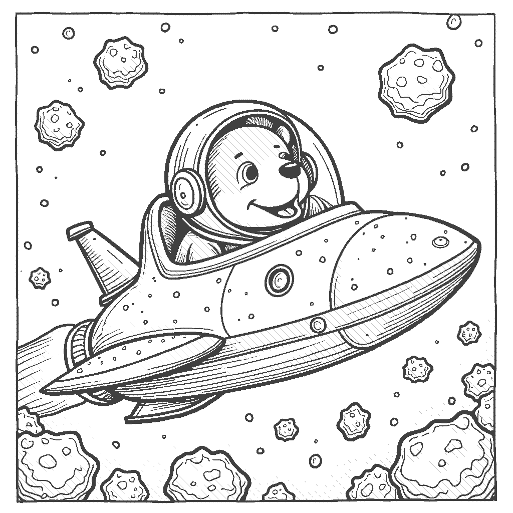 Coloring Page: Spaceship Adventure - A sleek spaceship zooms through a field of asteroids. The pilot inside the spaceship is an adventurous dog wearing a space helmet, looking excited.