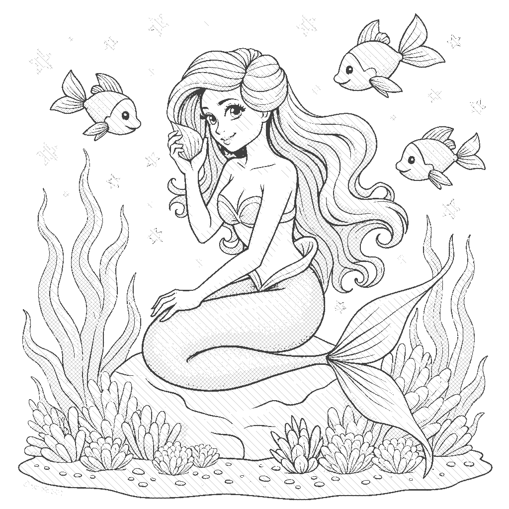 Coloring Page: Mermaid's Treasure - A beautiful mermaid sitting on a rock, brushing her long flowing hair with a shiny shell, while colorful fish swim around her. The ocean floor below sparkles with hidden treasures.