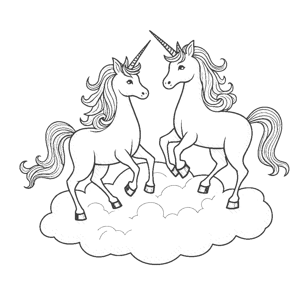 Coloring Page: Unicorns Dancing in the Clouds - A group of unicorns playfully dancing and frolicking among fluffy clouds, with bursts of sunlight breaking through.