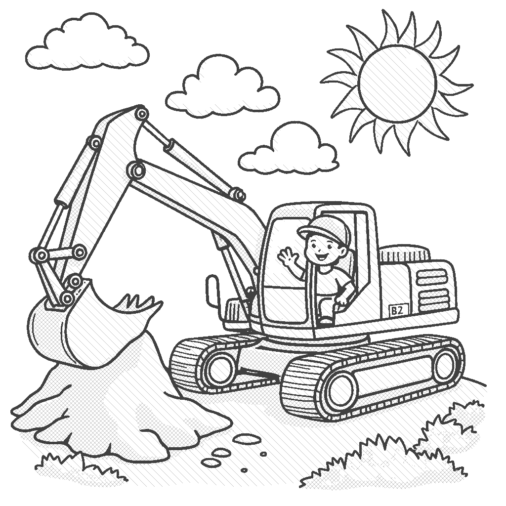 Coloring Page: Excavator Adventure - Color a sturdy green excavator digging deep into the ground, with a big pile of dirt next to it. The sun is shining bright above, and a happy little construction worker is waving from the cab of the excavator.