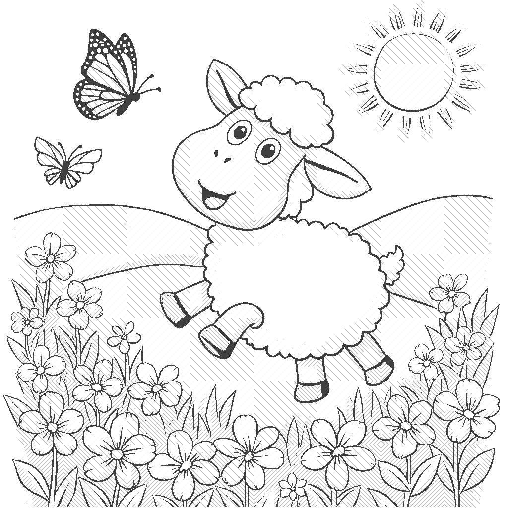 Coloring Page: Sheep in the Meadow - A fluffy sheep jumps joyfully in a vibrant meadow filled with colorful flowers, butterflies fluttering around. In the background, there's a bright sun shining down on rolling hills.