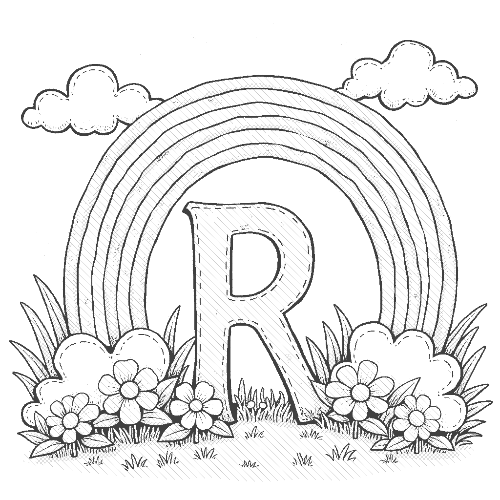 Coloring Page: Letter R with a Rainbow - The letter R is illustrated under a vibrant rainbow arching across a blue sky, with fluffy clouds surrounding it.