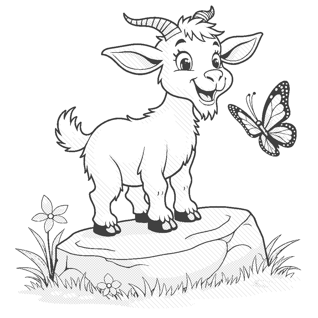 Coloring Page: Goat on a Rock - A playful goat is perched on a large rock, looking proud and happy, while a butterfly flutters nearby.