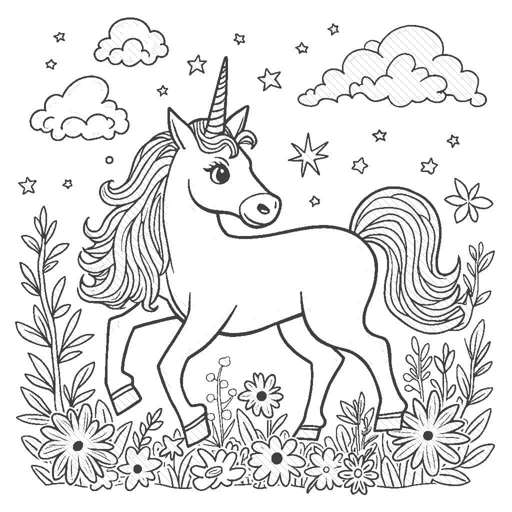 Coloring Page: Unicorn at a Magical Carnival - A unicorn enjoying a whimsical carnival with rides, balloons, and fairy lights in the background.