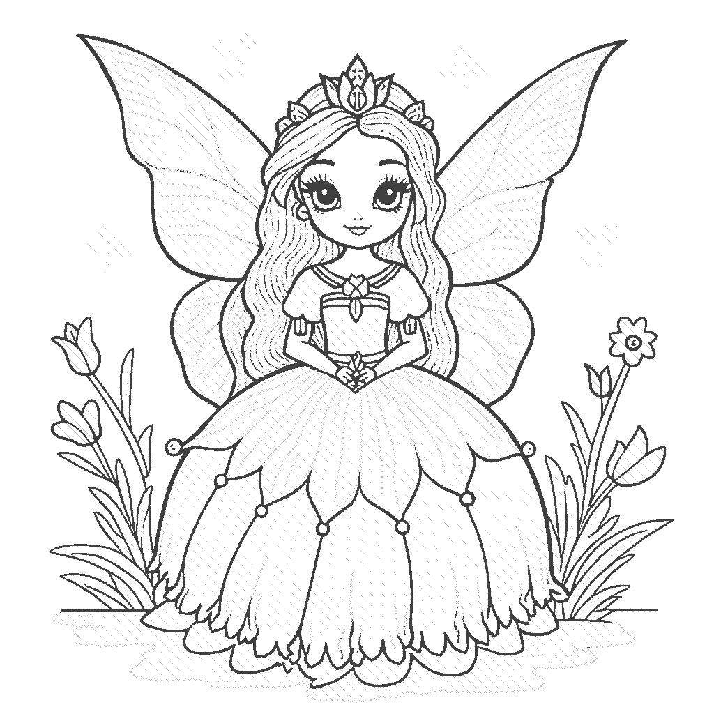 Coloring Page: Caring Fairy Princess - A nurturing fairy princess with glittering wings, surrounded by tiny fairies and magical creatures in a flower-filled meadow.