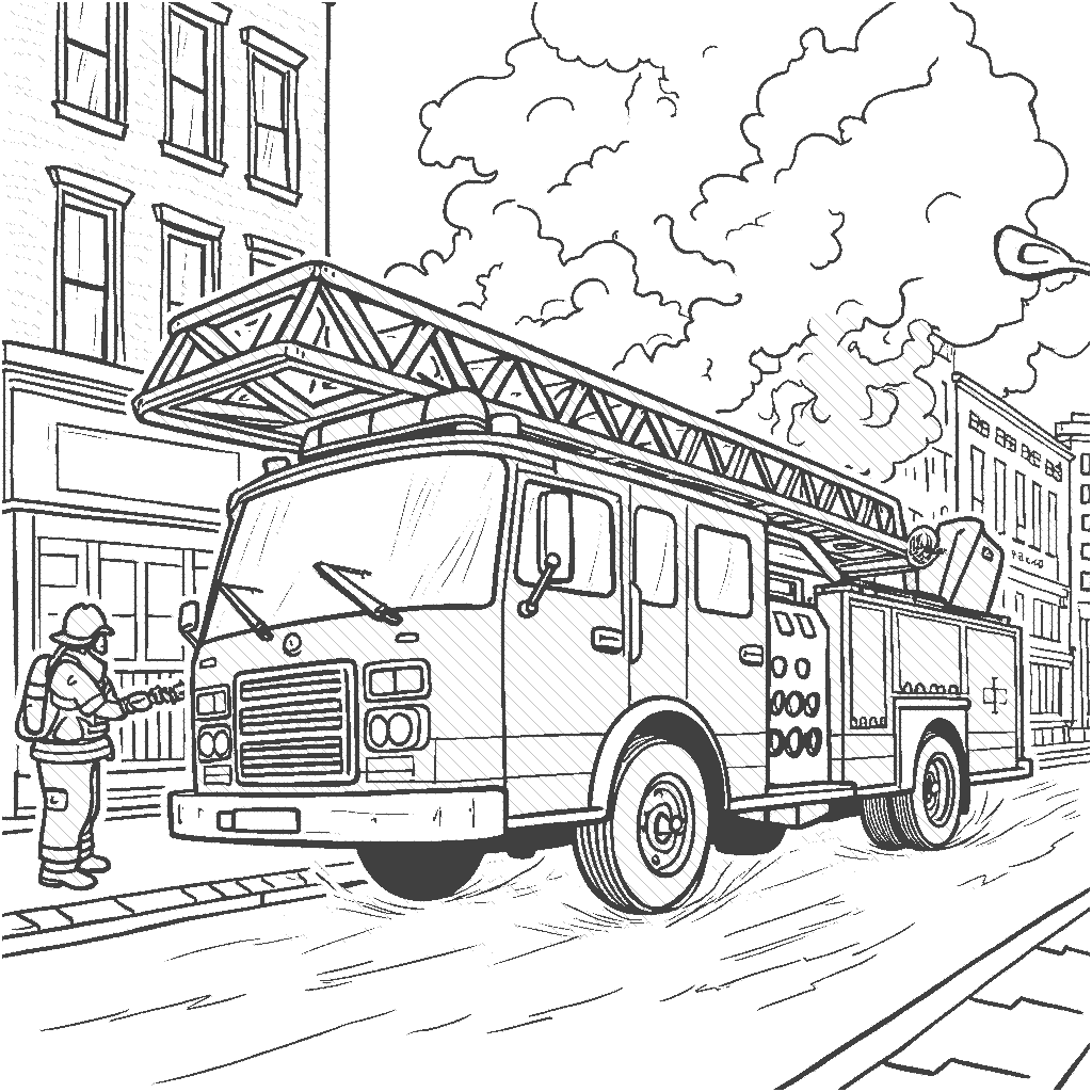 Coloring Page: Fire Engine Adventure - A fire engine is racing down a city street, with smoke rising from a nearby building and firefighters gearing up to respond.