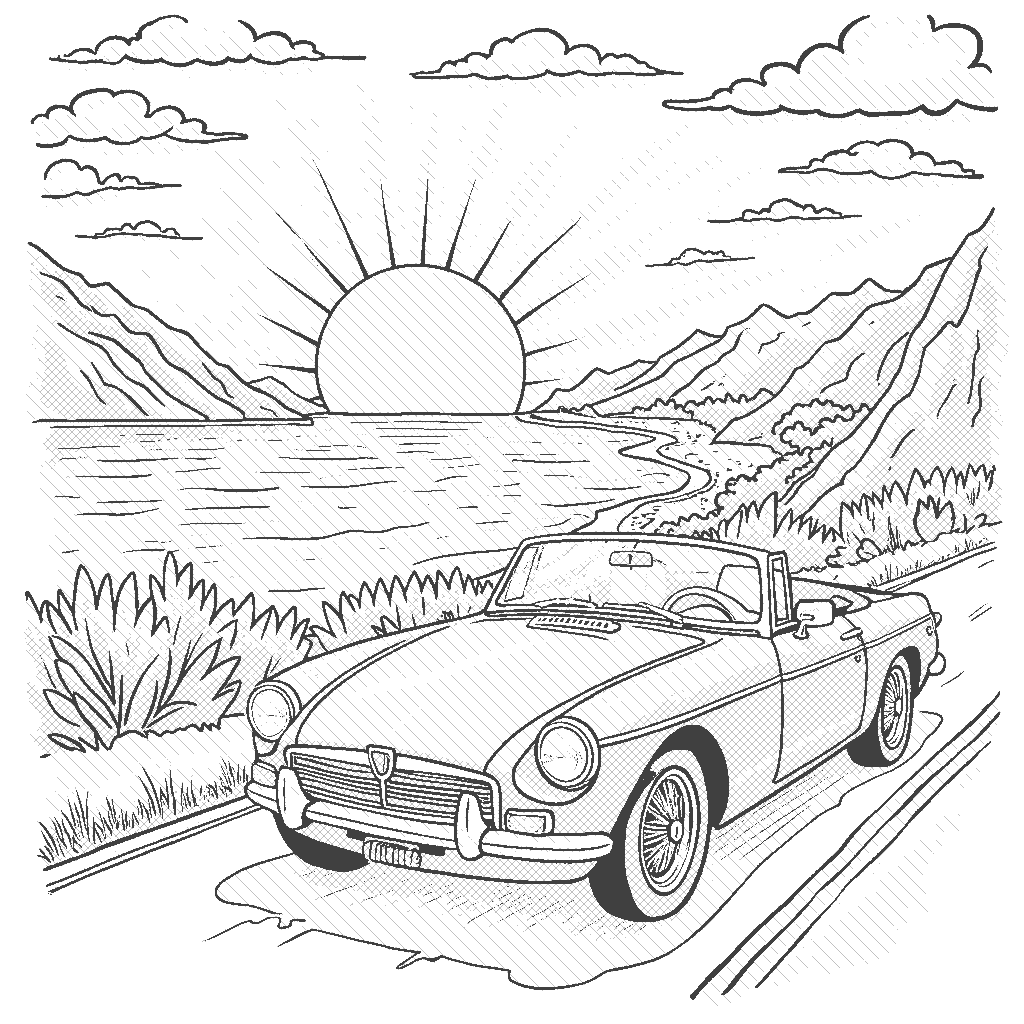 Coloring Page: Convertible on a Road Trip - A convertible is cruising along a scenic highway with mountains on one side and the ocean on the other, with a giant sun shining above.