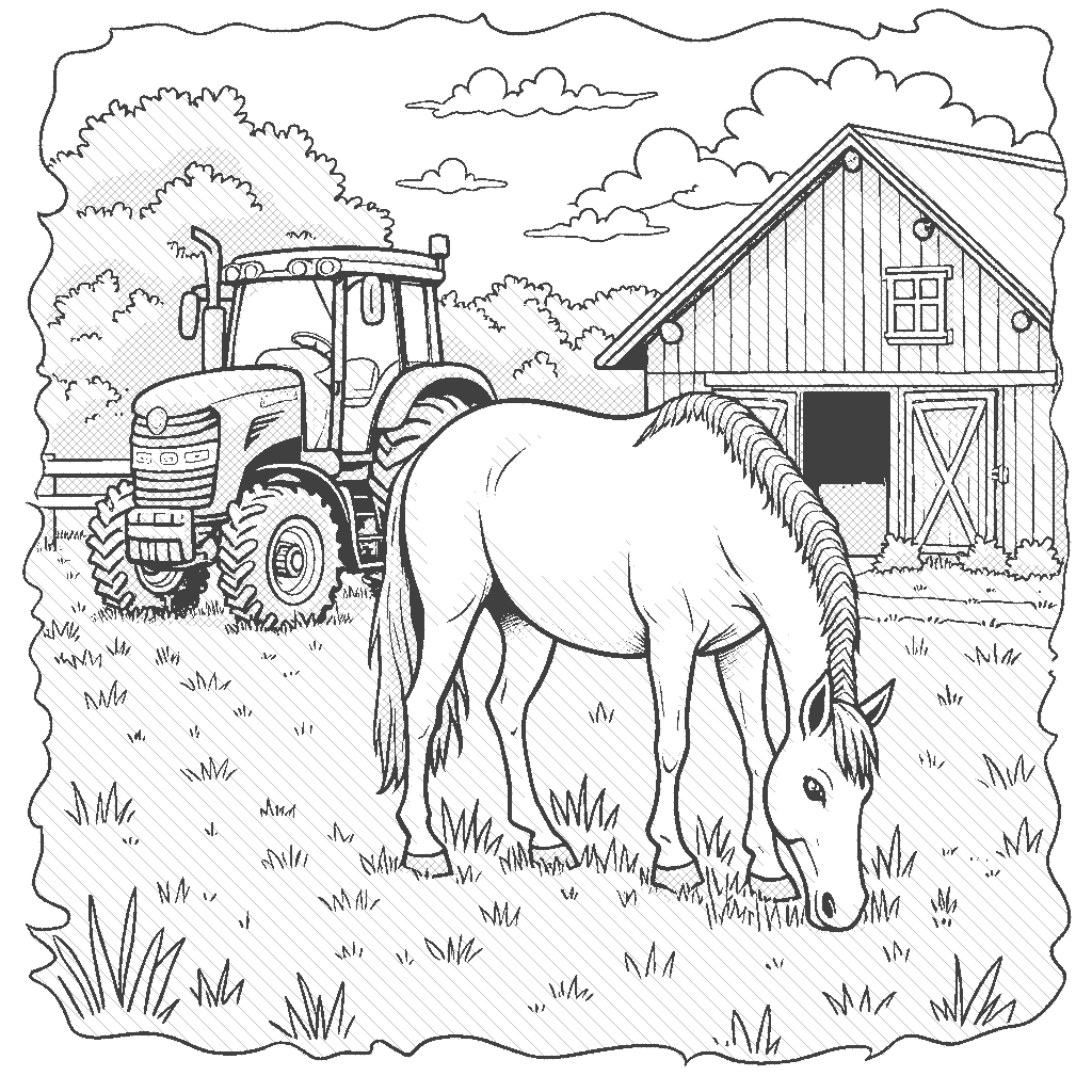 Coloring Page: Horse at the Farm - A horse grazing peacefully in a green pasture next to a traditional barn, while a big red tractor is parked nearby.