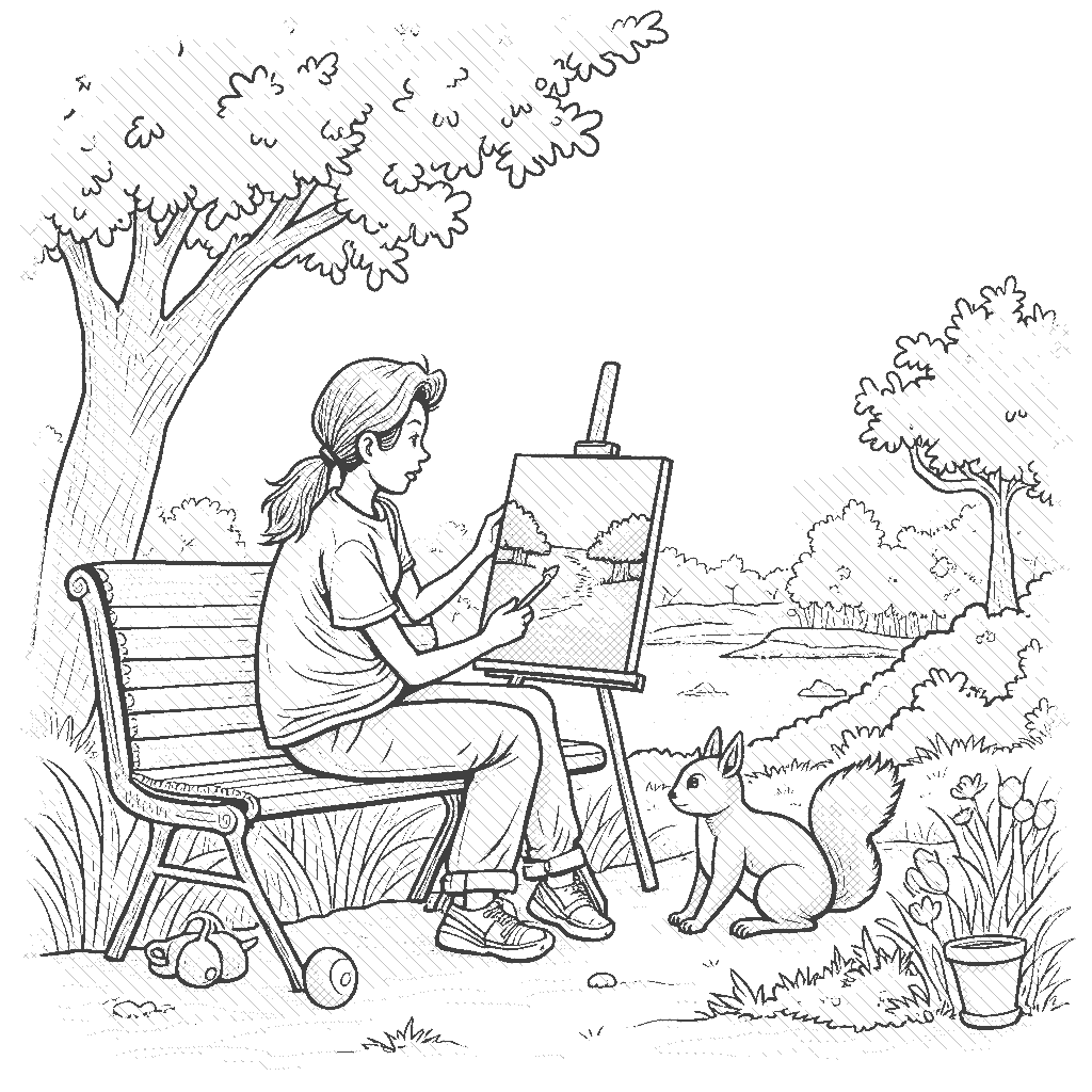 Coloring Page: Artist Painting in the Park - An artist is sitting on a bench in a park, painting a vibrant landscape on their canvas. Nearby, children are playing and a squirrel is curiously peeking at the artist's brush.