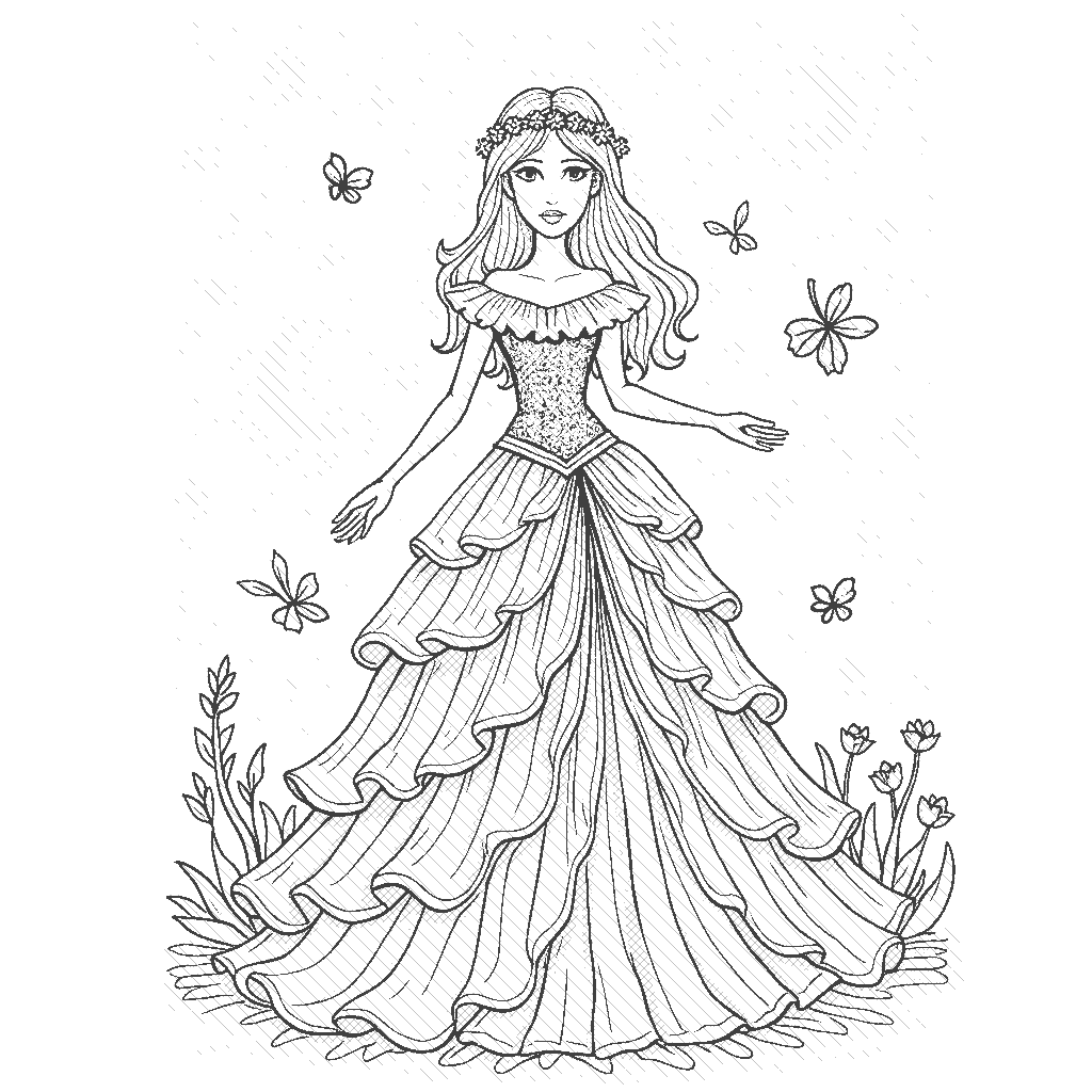 Coloring Page: Celestial Princess - A cosmic princess with a gown that looks like the night sky, standing on a star with planets and comets swirling around her.