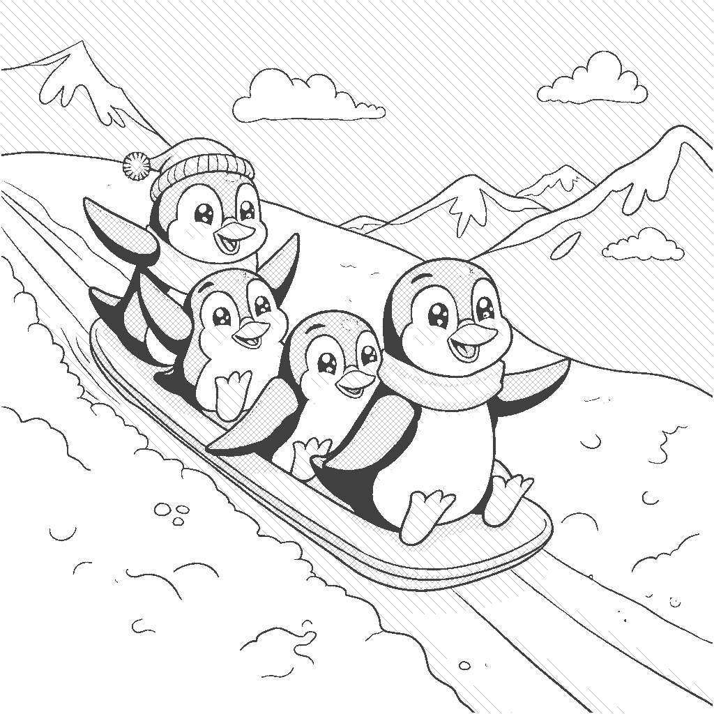 Coloring Page: Penguin Parade - A group of playful penguins sliding down a snowy hill, with one wearing a colorful scarf. The background shows snow-covered mountains and a bright blue sky.