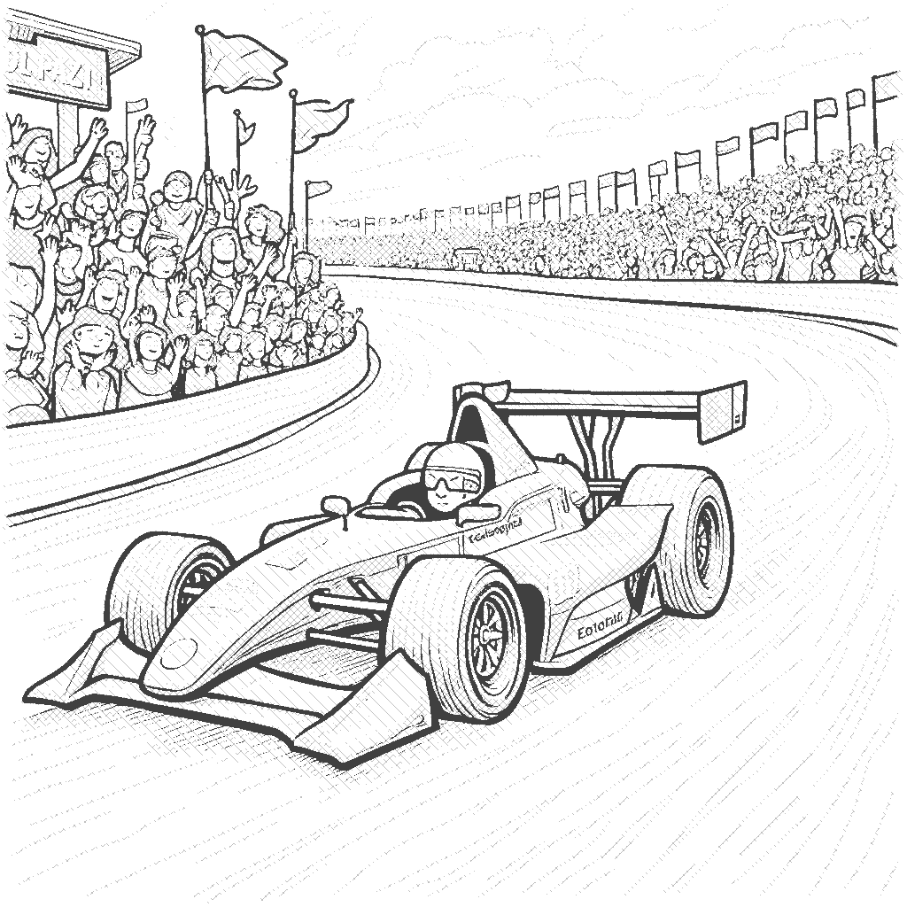 Coloring Page: Race Car in a Race - A race car speeds down a track during a big race, with cheering fans and colorful flags waving in the stands.