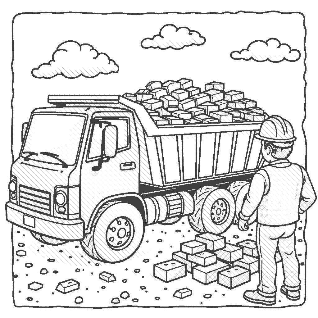 Coloring Page: Dump Truck Delivery - A dump truck is unloading a pile of colorful bricks at a construction site, with a hard hat wearing worker nearby supervising.