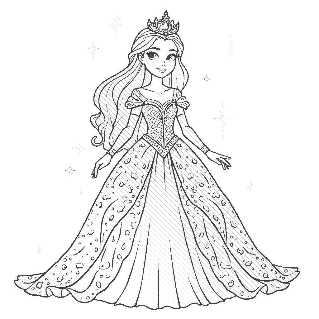 Coloring Page: Ice Kingdom Princess - A sparkling ice princess with a gown made of ice crystals, surrounded by snowflakes and chill creatures in a frosty landscape.