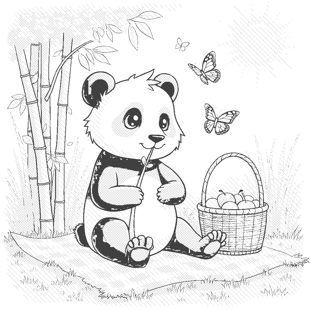 Coloring Page: Panda Picnic - A panda sits on a picnic blanket in a sunny field, enjoying bamboo shoots while a few butterflies flutter around. A basket with fruits is nearby.