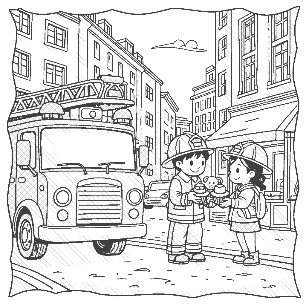 Coloring Page: Fire Engine Rescue - A bustling city street with a fire engine parked outside a bakery, while a firefighter is handing out cupcakes to a little girl who is holding a teddy bear.