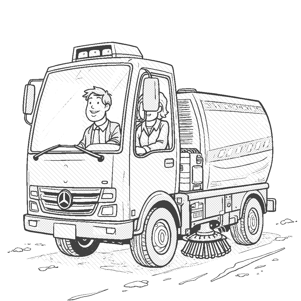 Coloring Page: The Singing Street Sweeper - A whimsical street sweeper car painted in bright yellow, with musical notes floating around it as it joyfully cleans the sidewalk. Sunflowers bloom along the path.