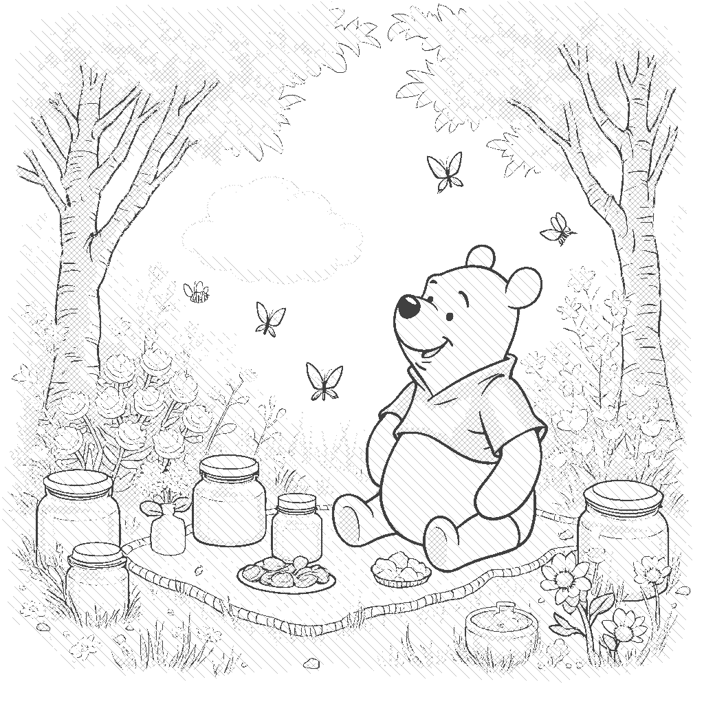 Coloring Page: Winnie the Pooh's Honey Party - Winnie the Pooh sitting in a lush garden surrounded by jars of honey and buzzing bees. He has a big smile on his face, and there's a picnic blanket with delicious snacks. Trees bloom with flowers, and butterflies flutter about, adding a magical touch to the scene.