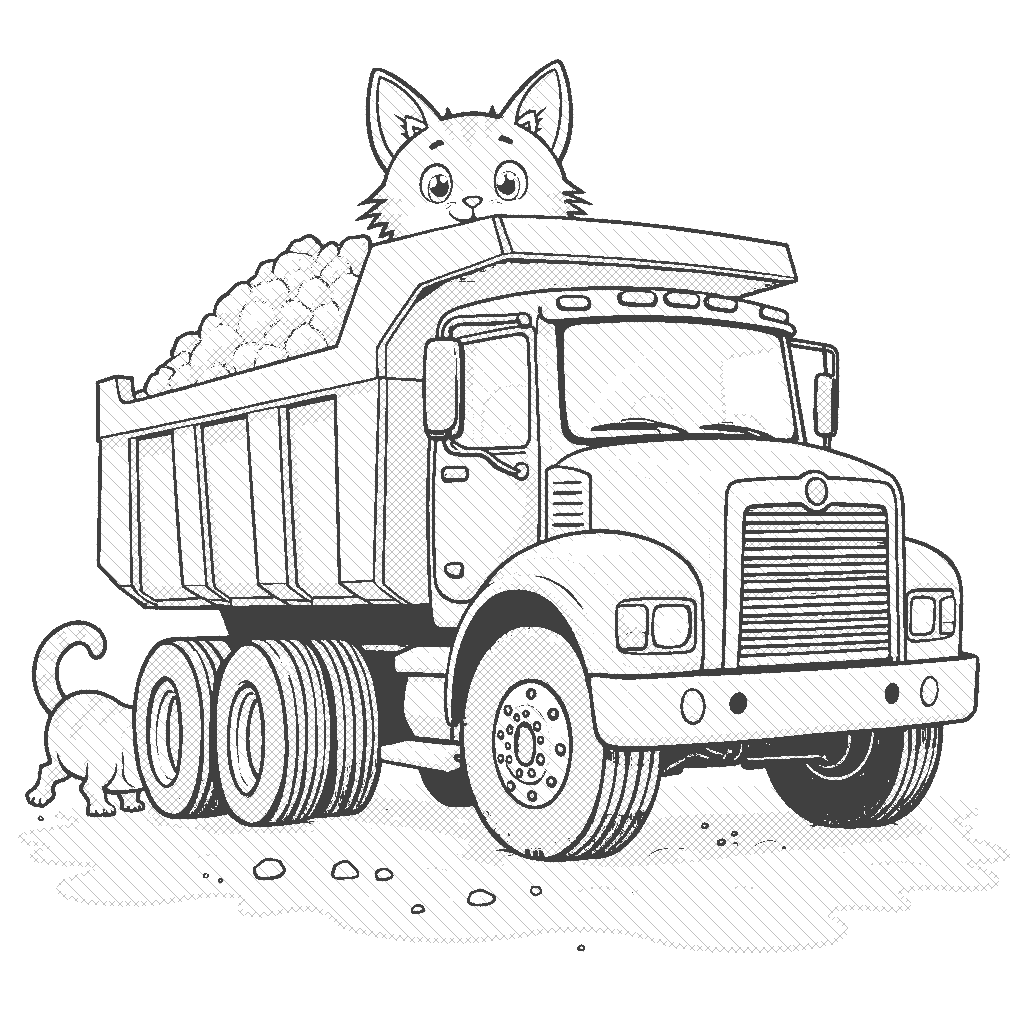 Coloring Page: Dump Truck Delivery - Draw a blue dump truck with its bed raised, unloading gravel onto a construction site. A friendly cat is curiously peeking out from behind the truck, watching the action unfold.